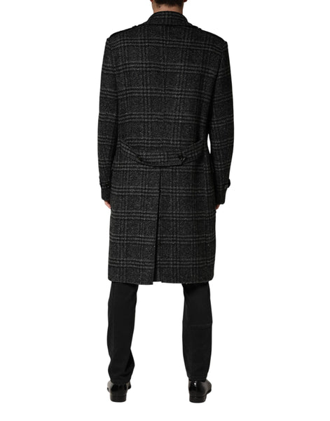 Dolce & Gabbana Grey Double Breasted Plaid Wool Coat Jacket