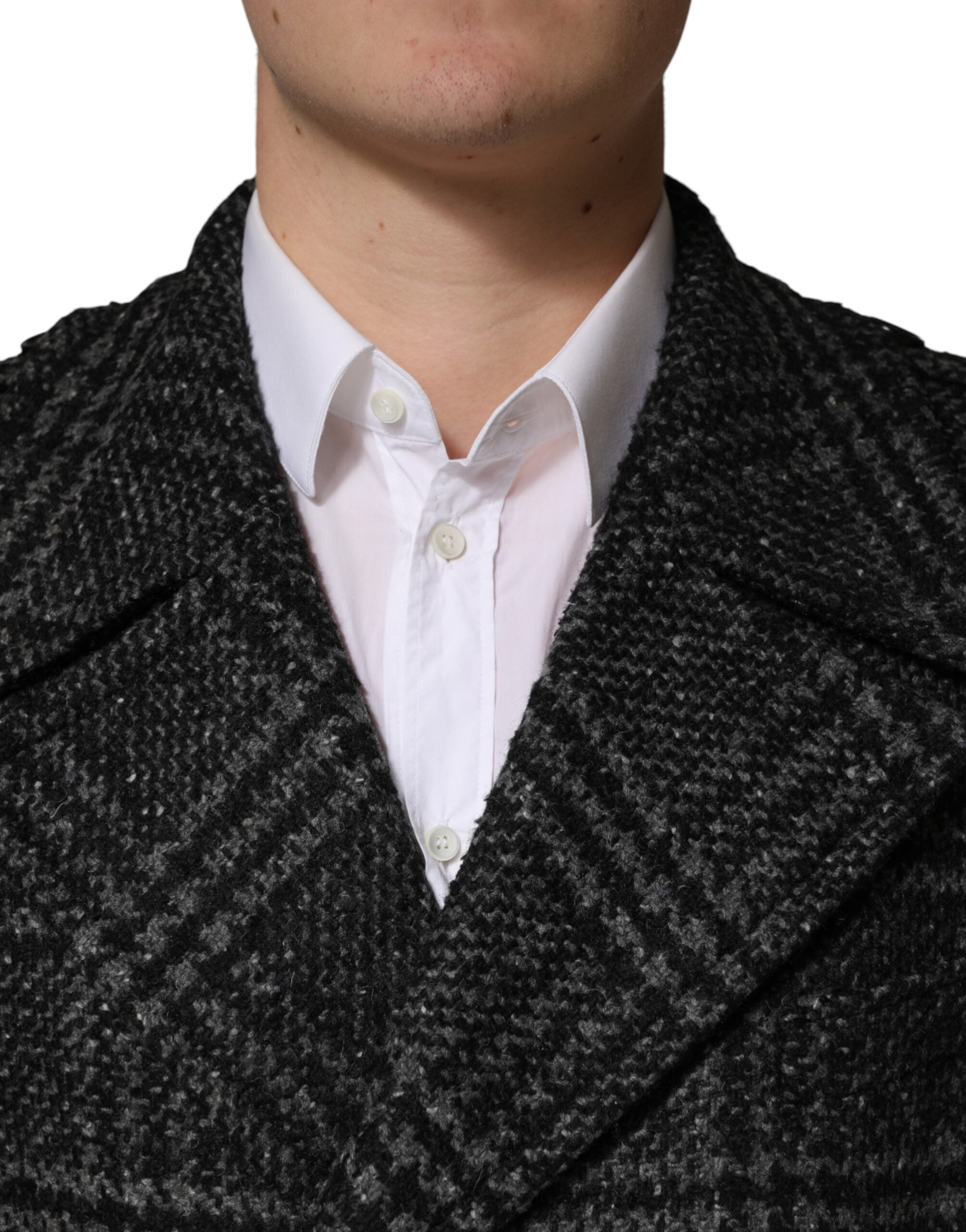 Dolce & Gabbana Grey Double Breasted Plaid Wool Coat Jacket