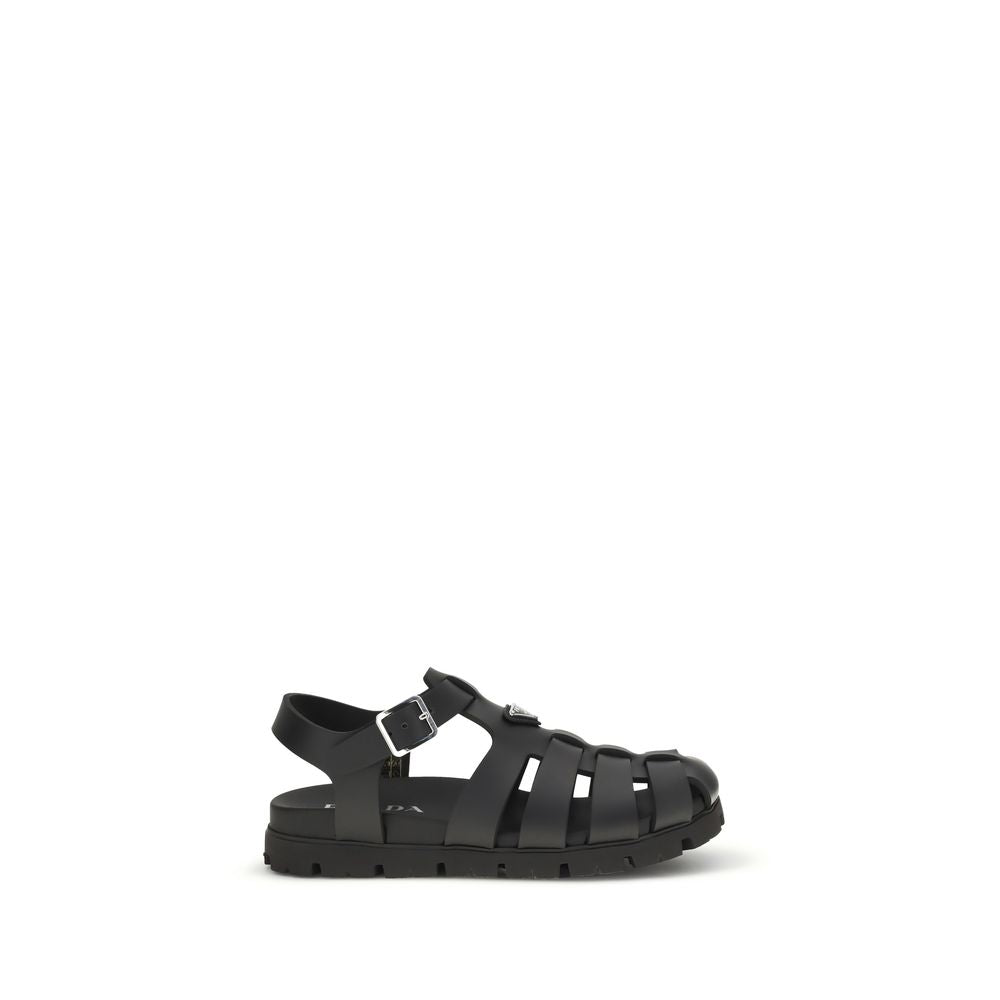 Prada Rubber Black Leather Flat Sandals