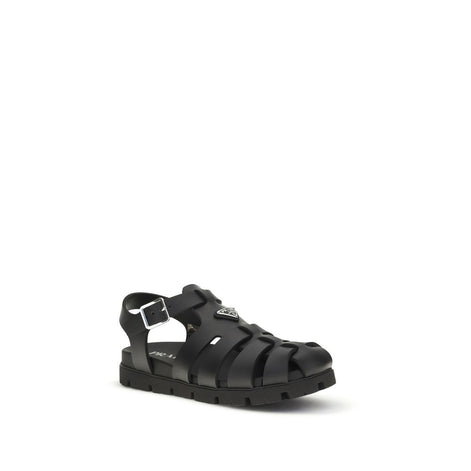 Prada Rubber Black Leather Flat Sandals