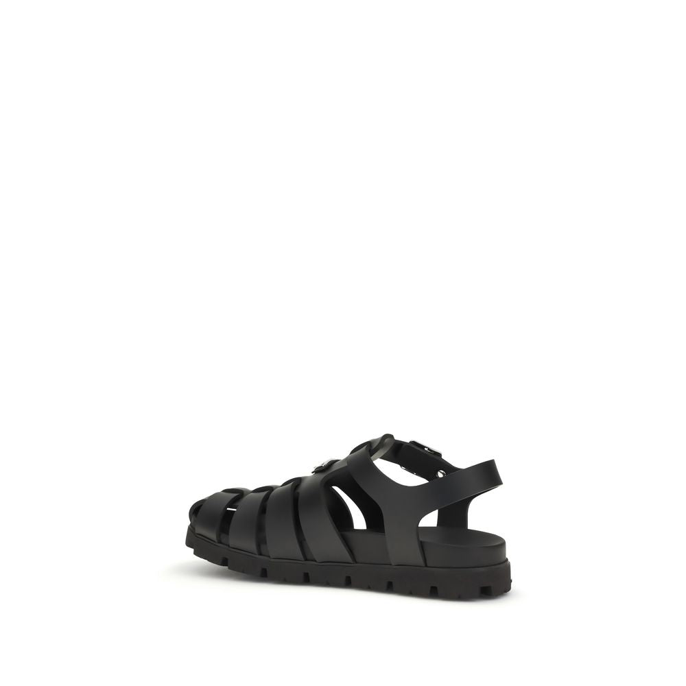 Prada Rubber Black Leather Flat Sandals