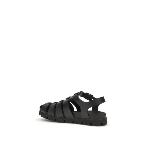 Prada Rubber Black Leather Flat Sandals