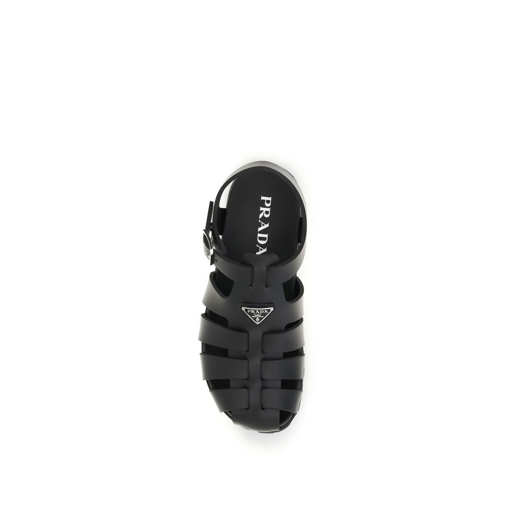 Prada Rubber Black Leather Flat Sandals