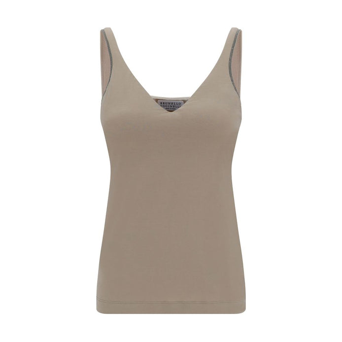 Brunello Cucinelli Beige Cotton Sleeveles T-Shirt