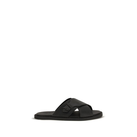 Fendi Black Calf Leather Bos Taurus Flat Sandals