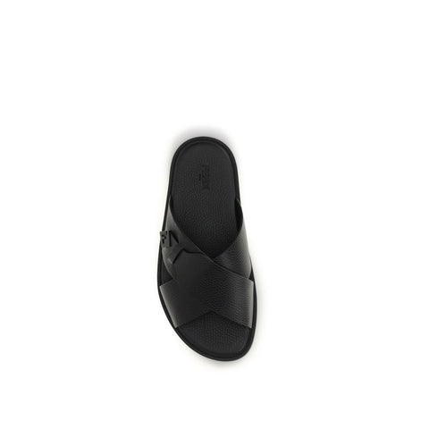Fendi Black Calf Leather Bos Taurus Flat Sandals