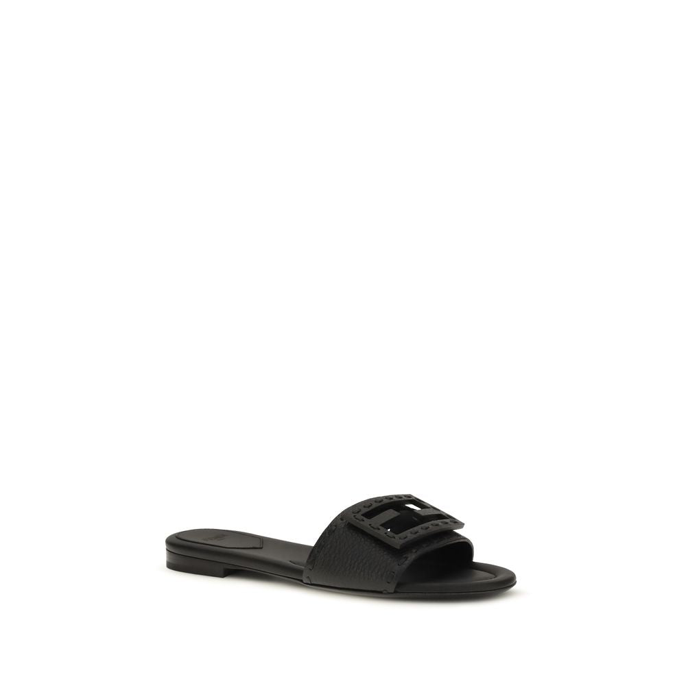 Fendi Black Leather Flat Sandals