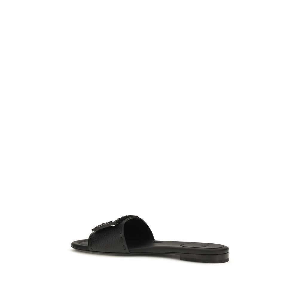 Fendi Black Leather Flat Sandals