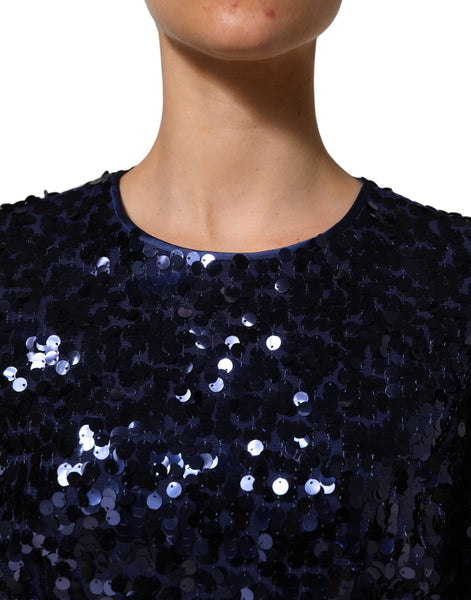 Dolce & Gabbana Blue Sequined Long Sleeves Crop Blouse Top