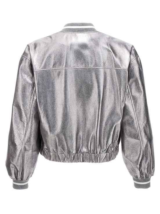 Brunello Cucinelli Silver Leather Bomber