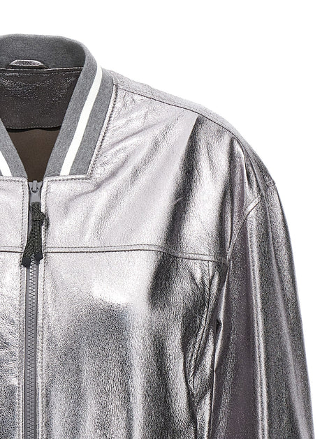 Brunello Cucinelli Silver Leather Bomber