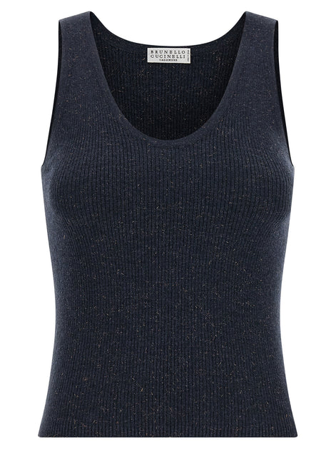 Brunello Cucinelli Blue Cashmere Sleeveles T-Shirt