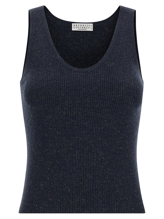 Brunello Cucinelli Blue Cashmere Sleeveles T-Shirt
