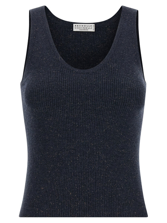 Brunello Cucinelli Blue Cashmere Sleeveles T-Shirt