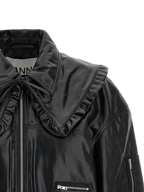 Ganni Black Leather Bomber
