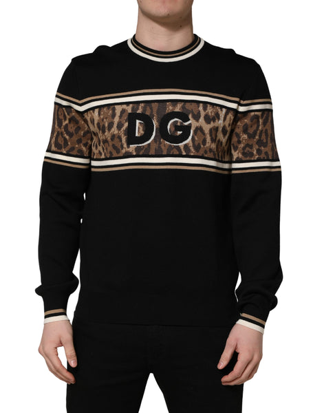 Dolce & Gabbana Black Leopard Wool Crew Neck Men Pullover Sweater