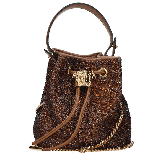 Versace La Medusa Embellished Bucket Brown Satin Handbag