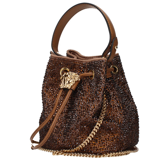 Versace La Medusa Embellished Bucket Brown Satin Handbag