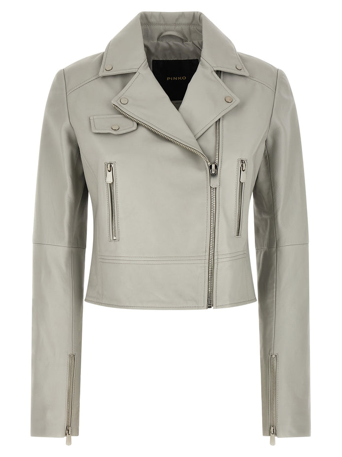 PINKO Gray Lambskin Leather Jacket
