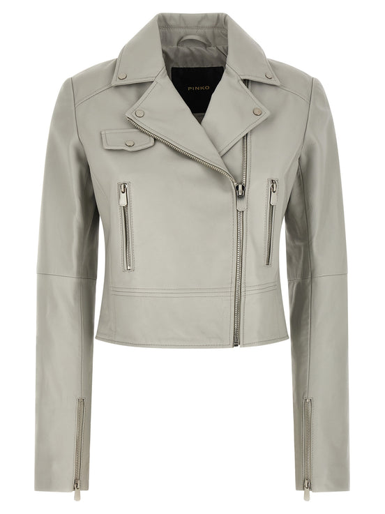 PINKO Gray Lambskin Leather Jacket