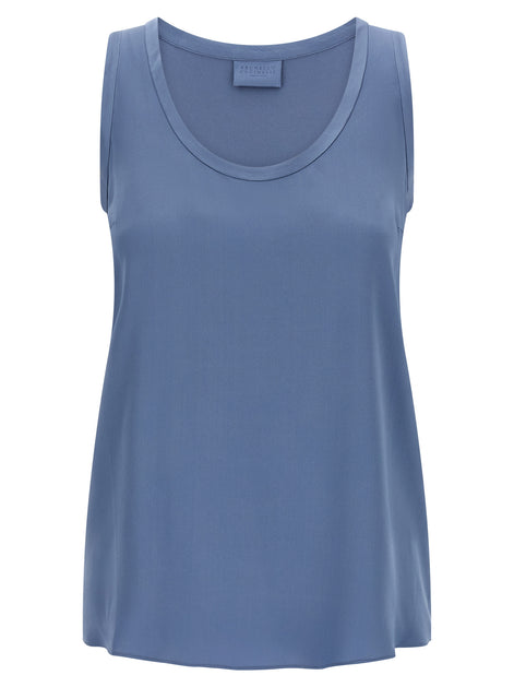 Brunello Cucinelli Blue Silk Sleeveles T-Shirt