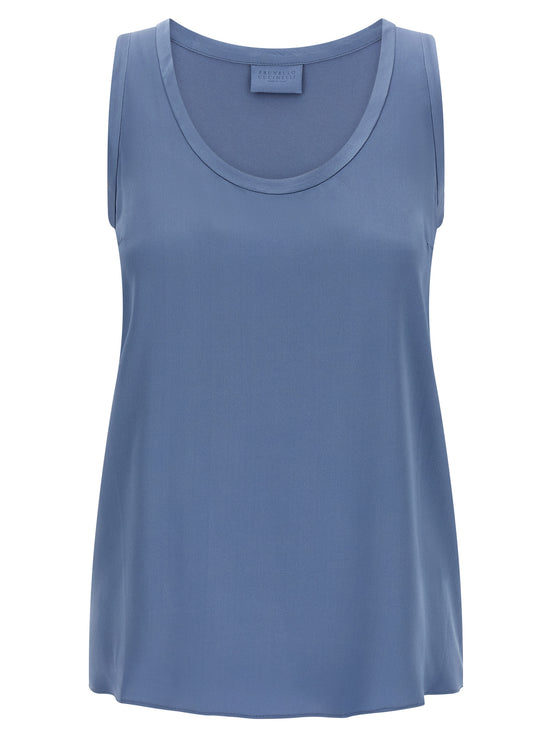 Brunello Cucinelli Blue Silk Sleeveles T-Shirt