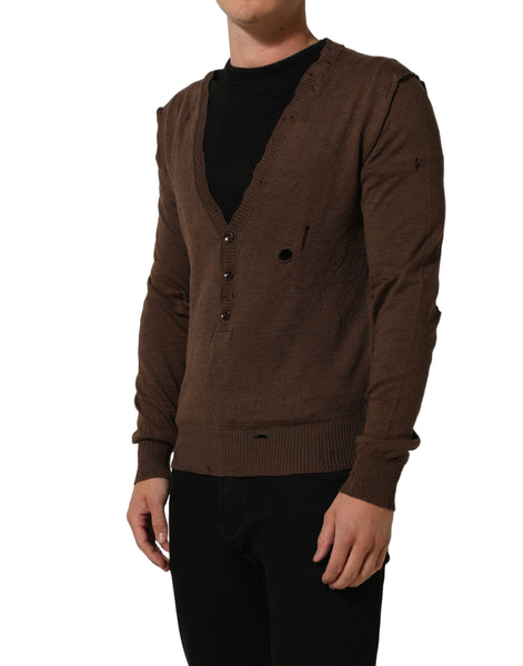 Dolce & Gabbana Brown Flax Buttoned V-neck Pullover Sweater