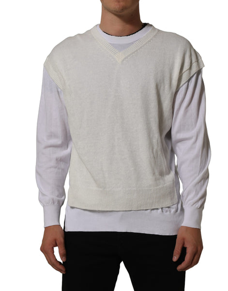 Dolce & Gabbana White Flax CrewNeck Layered Pullover Sweater