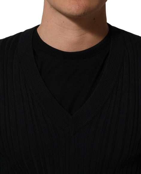 Dolce & Gabbana Black Silk Blend V-neck Pullover Men Sweater