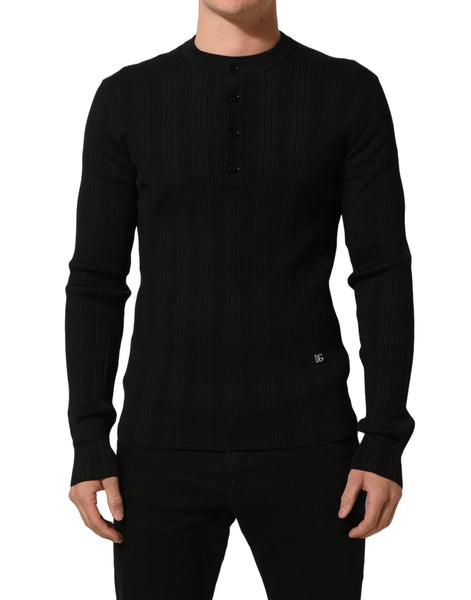 Dolce & Gabbana Black Silk Blend Henley Pullover Men Sweater