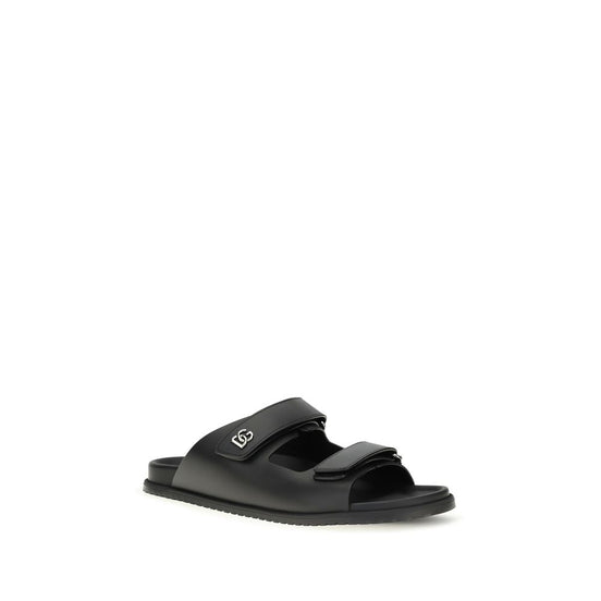 Dolce & Gabbana Black Calf Leather Bos Taurus Flat Sandals