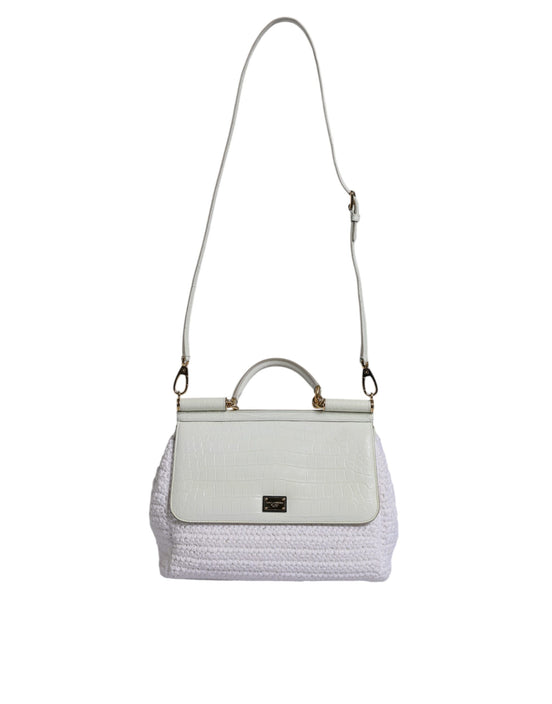 Dolce & Gabbana Sicily White Rafia Leather Top Handle Crossbody Bag