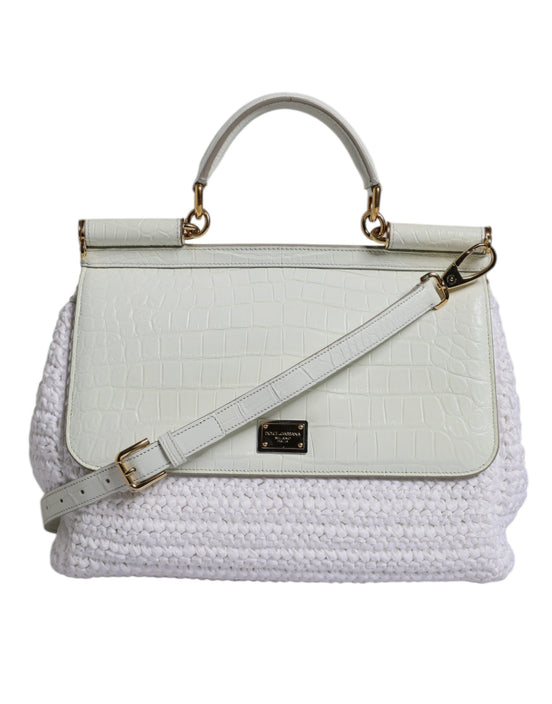 Dolce & Gabbana Sicily White Rafia Leather Top Handle Crossbody Bag