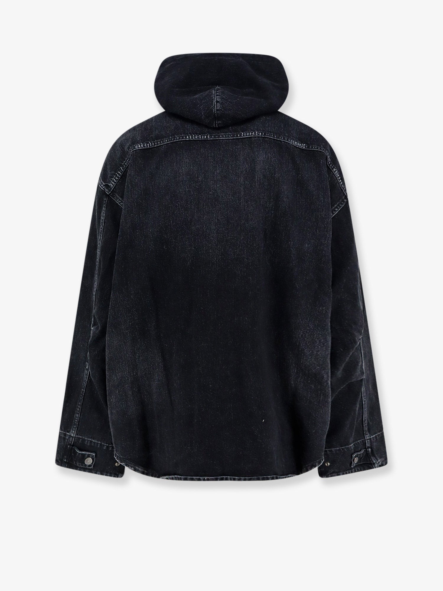 Black denim jacket with embroidered logo on the front