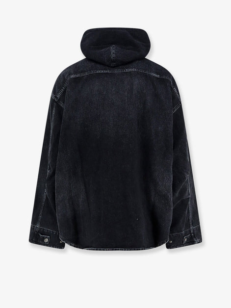 Black denim jacket with embroidered logo on the front