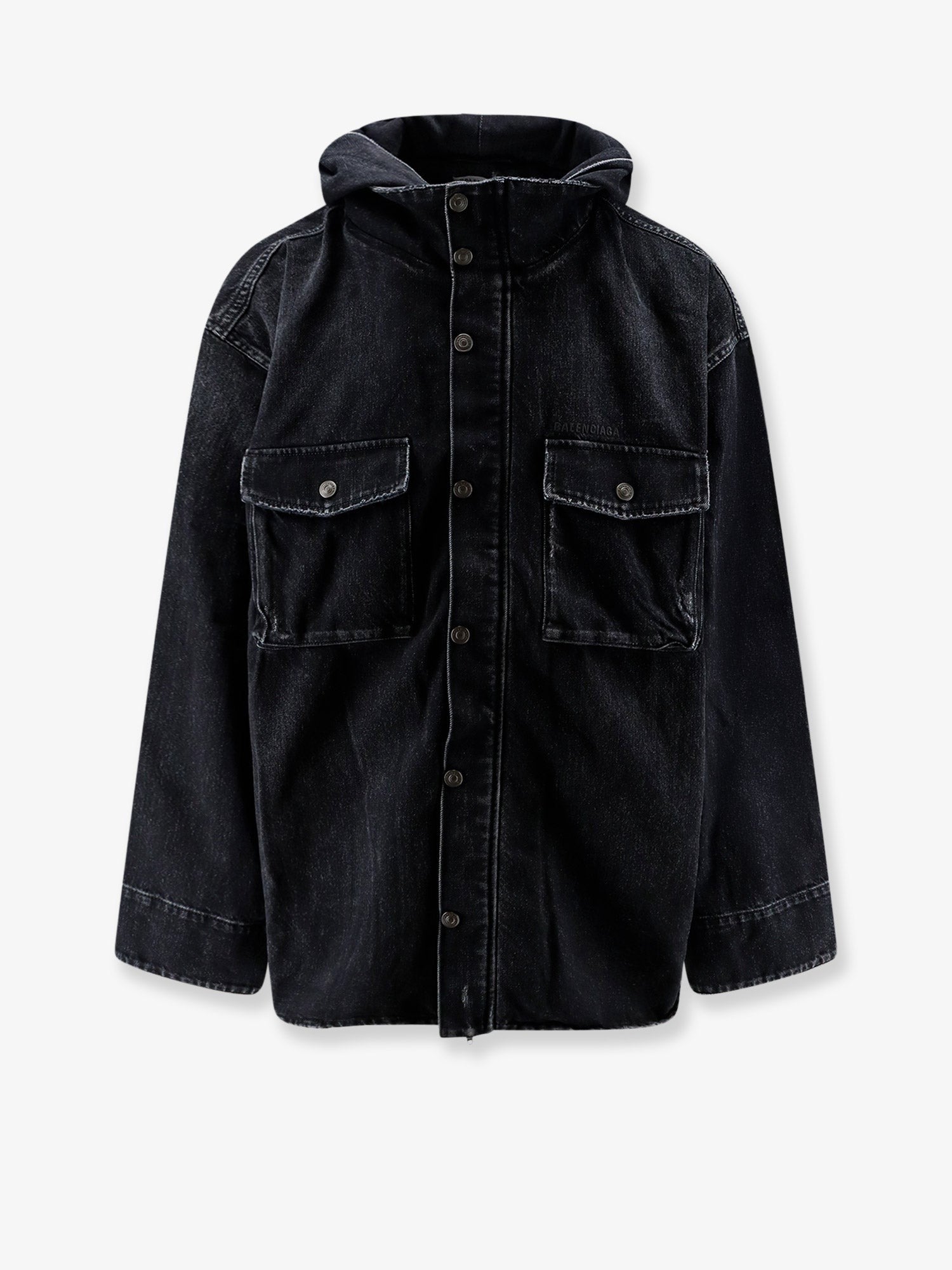 Black denim jacket with embroidered logo on the front
