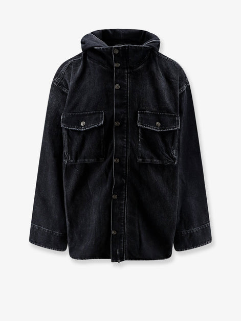 Black denim jacket with embroidered logo on the front