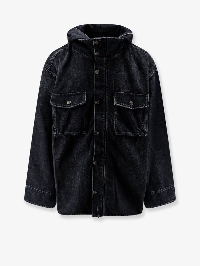Black denim jacket with embroidered logo on the front