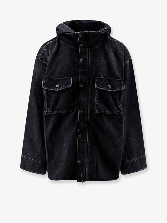 Black denim jacket with embroidered logo on the front