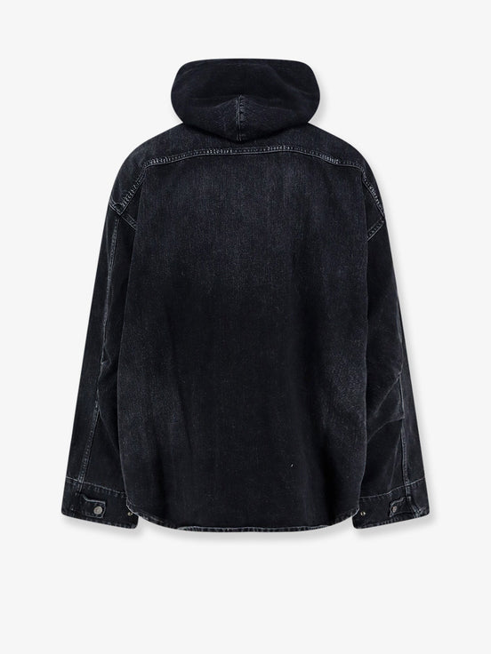 Black denim jacket with embroidered logo on the front