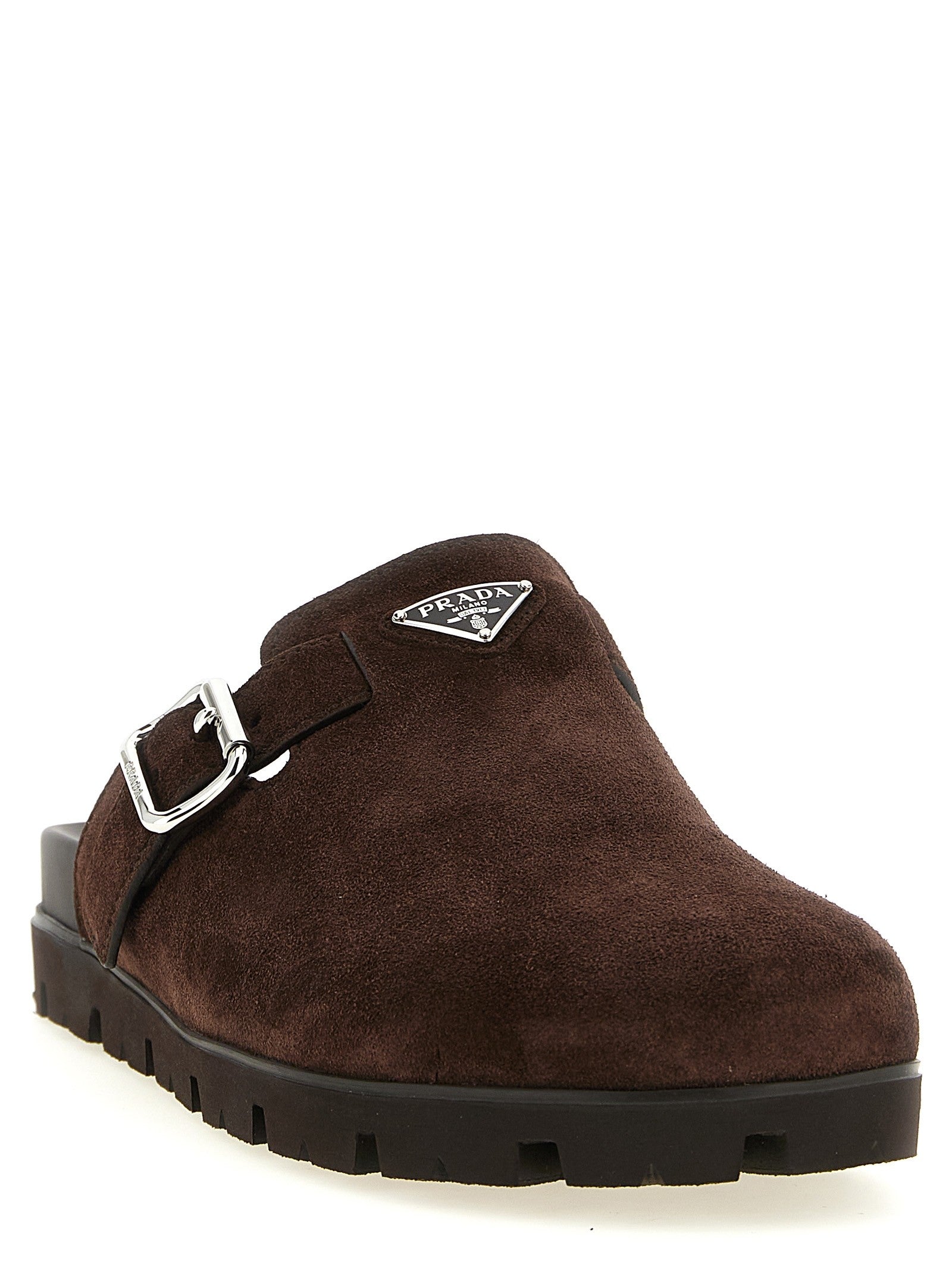 PRADA Enameled triangle logo sabots