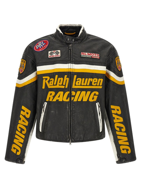 Leather biker jacket with patch