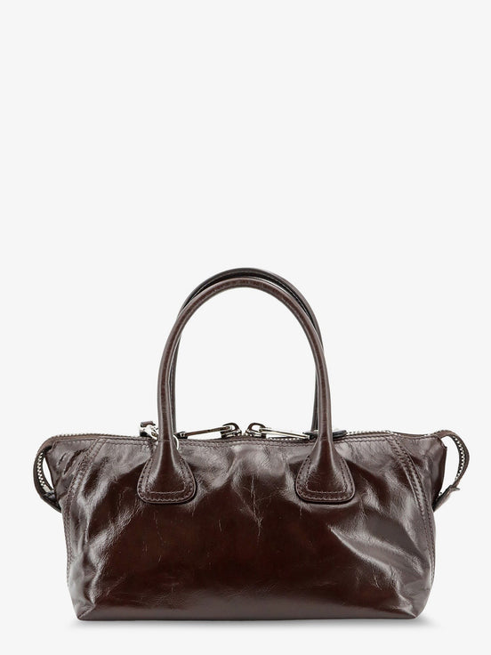 Leather handbag with embossed lettering logo