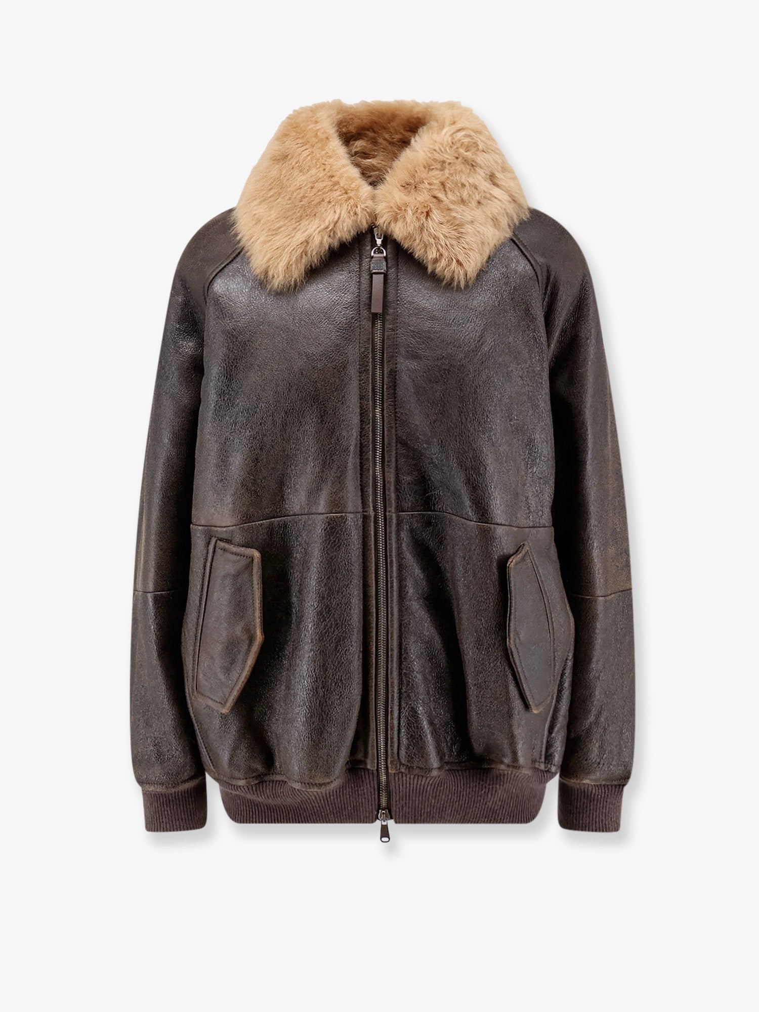 Leather jacket with shearling collar