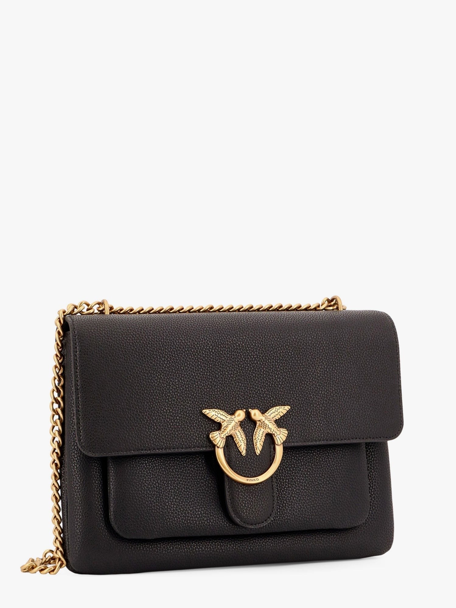 Leather shoulder bag with metal love birds buckle