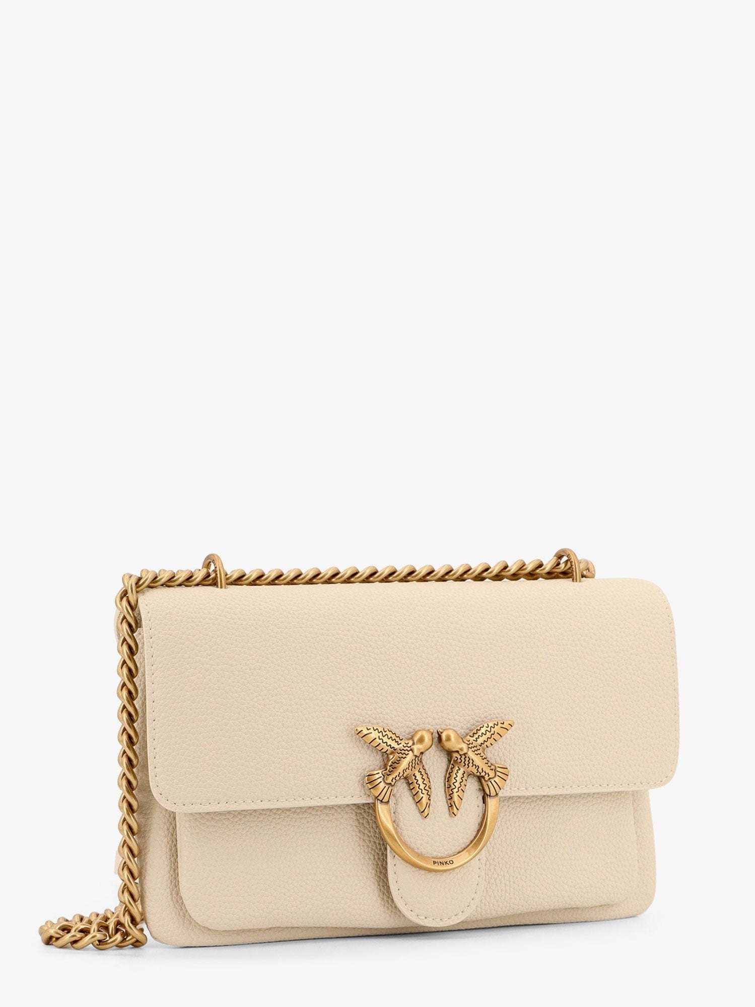 Leather shoulder bag with metal love birds buckle