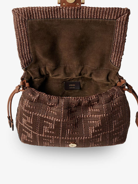 Mamma Baguette Medium Raffia Handbag with FF Embroidery