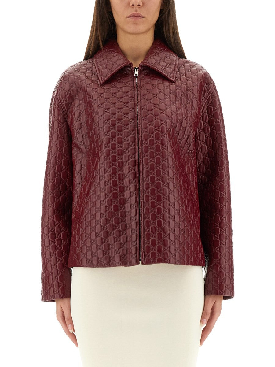 OVERSIZED LEATHER JACKET WITH EMBOSSED GG