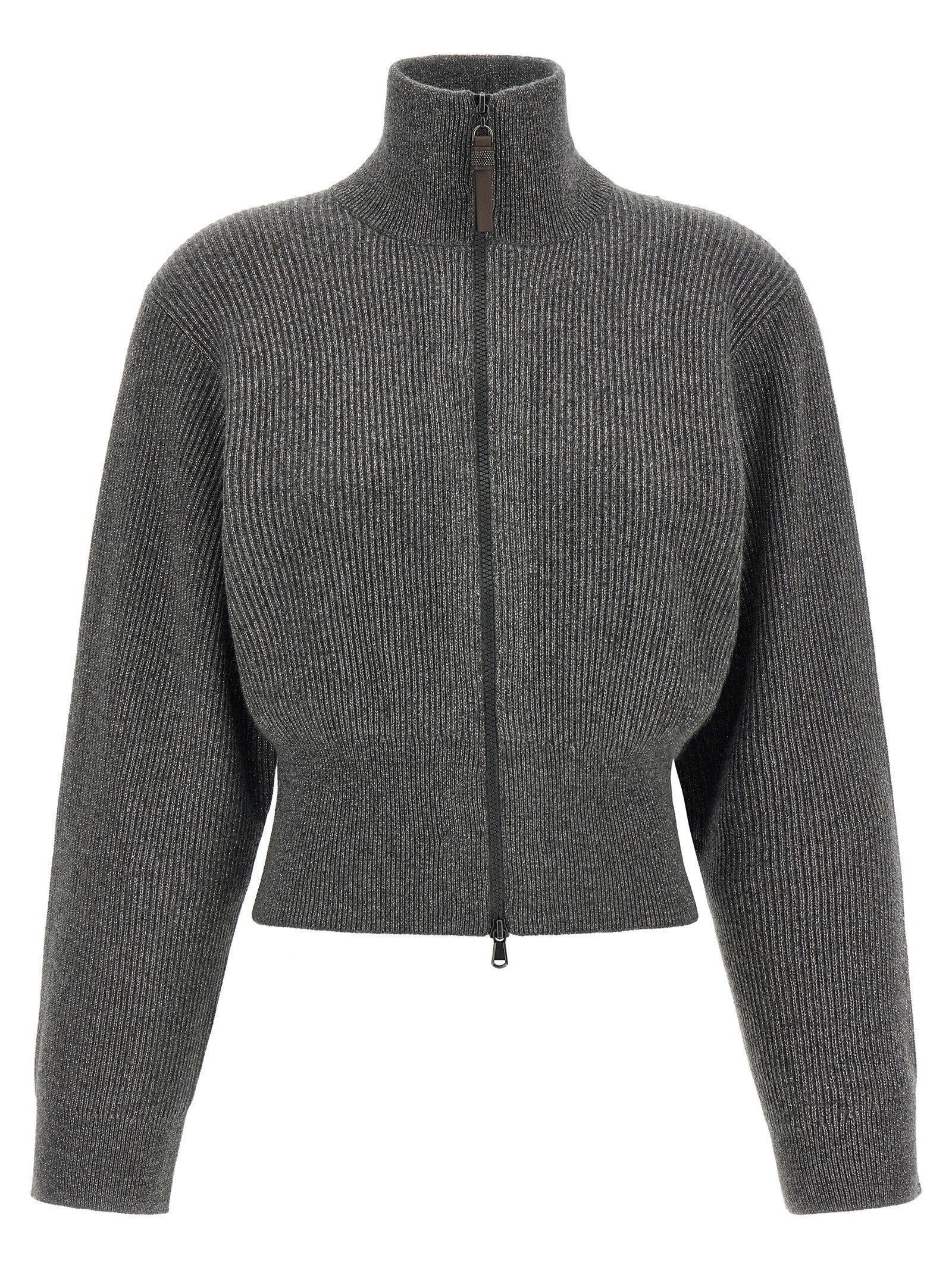 Ribbed cardigan with leather detail