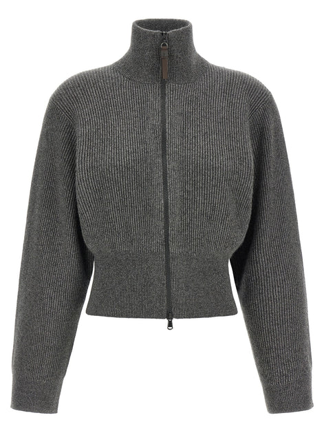 Ribbed cardigan with leather detail